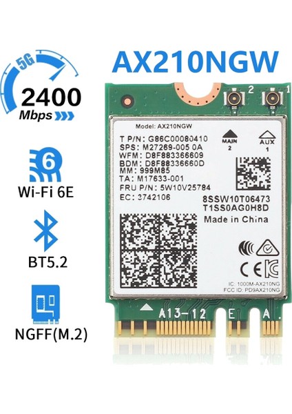 AX210 AX210NGW Ağ Kartı M.2 Ngff 2,4ghz/5g Wı-Fı 6e 2400MBPS (Yurt Dışından)