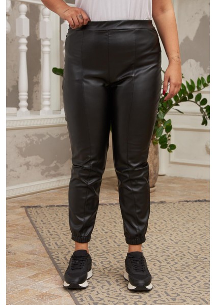 Paça Lastikli Yan Fermuarlı Siyah Deri Pantolon