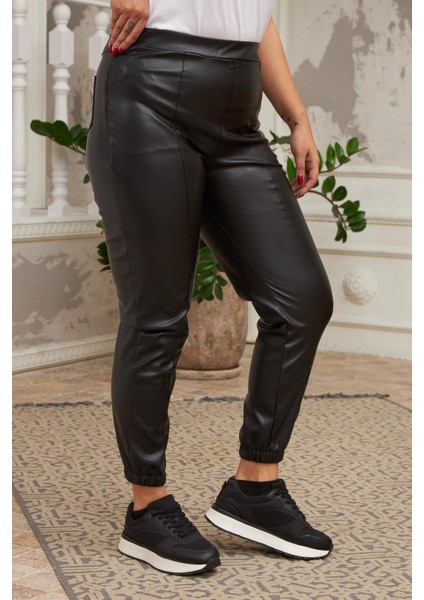 Paça Lastikli Yan Fermuarlı Siyah Deri Pantolon fiyatları