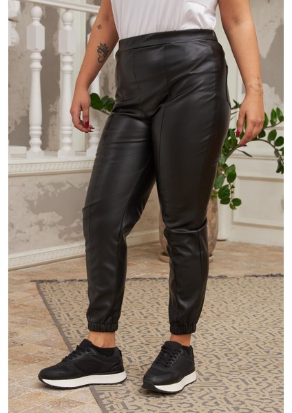 Paça Lastikli Yan Fermuarlı Siyah Deri Pantolon modelleri