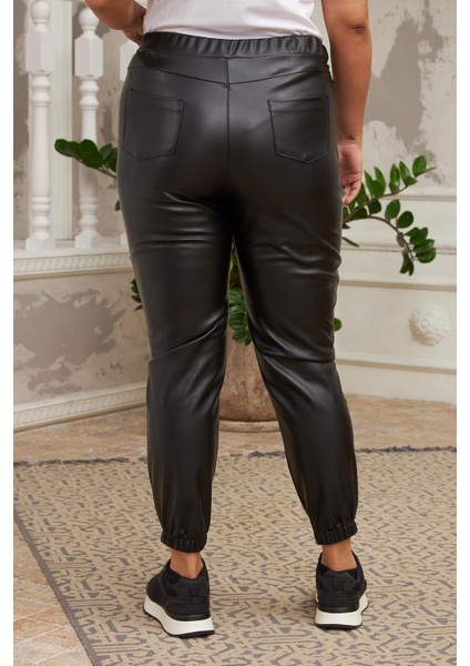 Paça Lastikli Yan Fermuarlı Siyah Deri Pantolon fırsatları