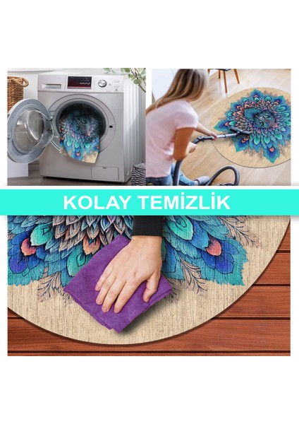 Ilyaki Home Peacock Yuvarlak Şönil Pamuk Tabanlı Yıkanabilen Kaymaz Salon Halısı Mutfak