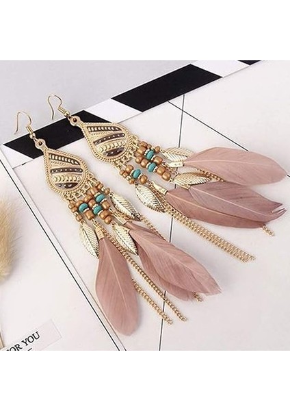 Kadın Sahte Tüy Bohemian Saçak Püskül Uzun Damla Dangle Seti Dream Catcher Tasarım ile Küpe (Yurt Dışından)