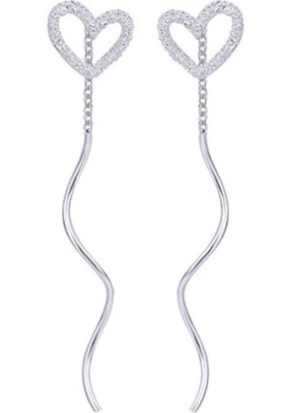 Dalgalı Uzun Zincirli Boş Kalp Tel Damla Delikli Parti Hediyesi Gümüş Küpe (Yurt Dışından)