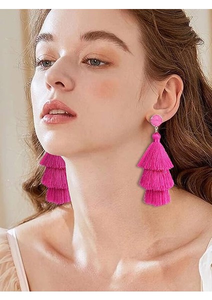 Kadın Renkli Püskül Katmanlı Püskül Gül Kırmızısı Küpe (Yurt Dışından) modelleri