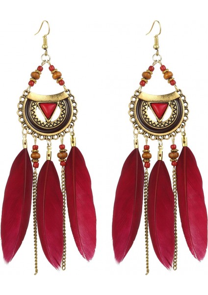 Kadın Sahte Tüy Bohemian Saçak Püskül Uzun Damla Dangle Seti Dream Catcher Tasarım ile Küpe (Yurt Dışından)