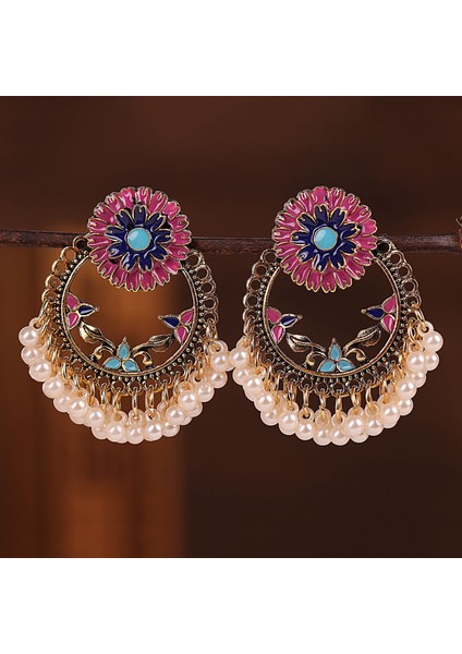 Renkli Etnik Vintage Yuvarlak Geometrik Çiçek Bırak Dangle Kadınlar Inci Emaye Süs Bohemian Düğün Takı Küpe (Yurt Dışından)
