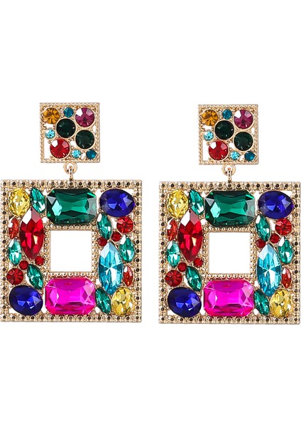 Moda Renkli Elmas Serisi Alaşım Elmas Cam Elmas Çok Katmanlı Kare Kadın Trend Parti Mixcolor Küpe (Yurt Dışından)