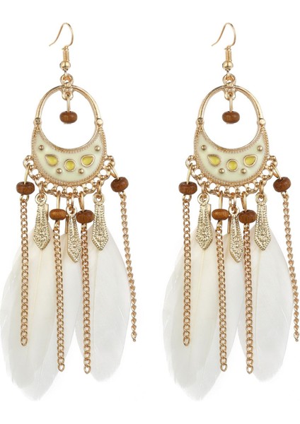 Hilal Boho Ahşap Boncuk Tüy Kadın Saçak Uzun Damla Zincir Uzun Kanca Küpe (Yurt Dışından)