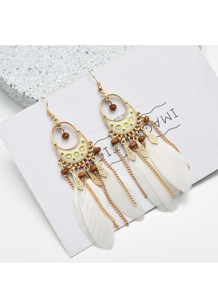 Hilal Boho Ahşap Boncuk Tüy Kadın Saçak Uzun Damla Zincir Uzun Kanca Küpe (Yurt Dışından) fiyatları