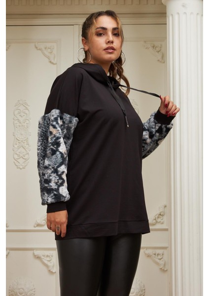 Kol Kürk Detaylı Büyük Beden Siyah Sweatshirt fiyatları
