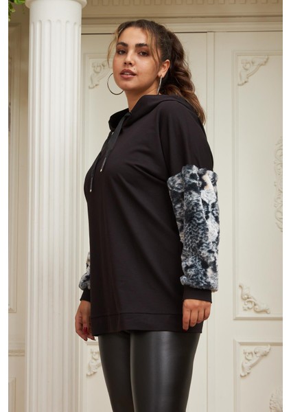 Kol Kürk Detaylı Büyük Beden Siyah Sweatshirt modelleri