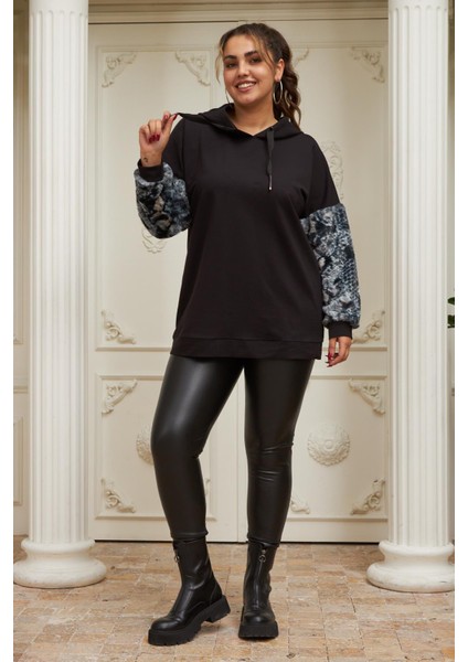 Kol Kürk Detaylı Büyük Beden Siyah Sweatshirt indirimleri