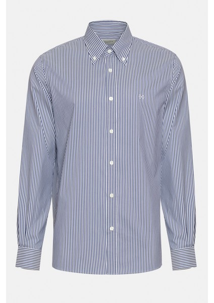 Erkek Lacivert Cooper Fit Düğmeli Yaka Çizgili Spor Gömlek fiyatları