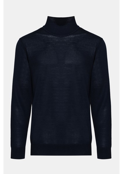 Erkek Lacivert Yün Yarım Balıkçı Yaka Kazak