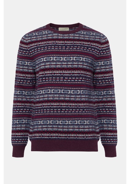 Erkek Bordo Bisiklet Yaka Desenli Lambswool Kazak