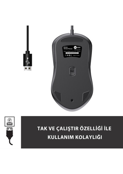 Lenovo Lecoo M1102 USB Kablolu 1200DPI 3 Tuşlu Optik Mouse Siyah