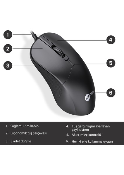 Lenovo Lecoo M1102 USB Kablolu 1200DPI 3 Tuşlu Optik Mouse Siyah