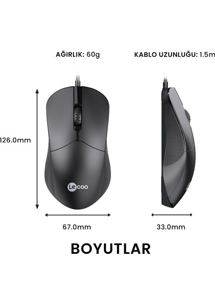 Lenovo Lecoo M1102 USB Kablolu 1200DPI 3 Tuşlu Optik Mouse Siyah