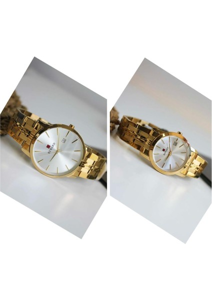 Altın Sarısı Çelik Kordon Klasik Model Takvimli Sevgili Çift Kol Saatleri