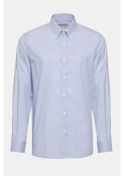 Erkek Açık Mavi Cooper Fit Düğmeli Yaka Pötikareli Spor Gömlek