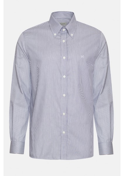 Erkek Antrasit Cooper Fit Düğmeli Yaka Çizgili Spor Gömlek