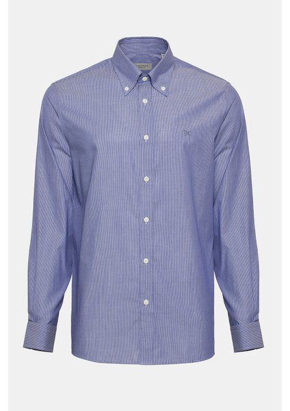 Erkek Lacivert Cooper Fit Düğmeli Yaka Çizgili Spor Gömlek