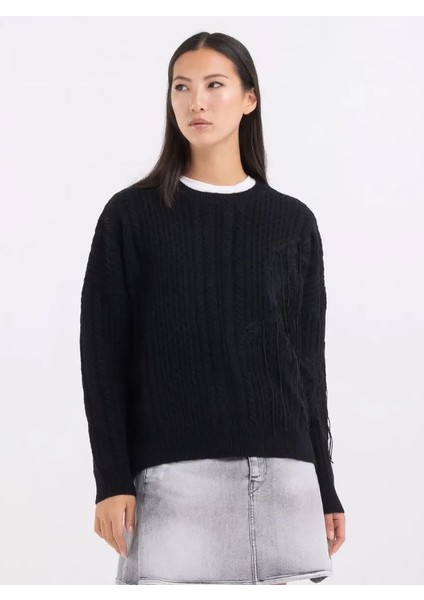 Kadın Siyah Örgü Detaylı Bisiklet Yaka Yün Kazak modelleri