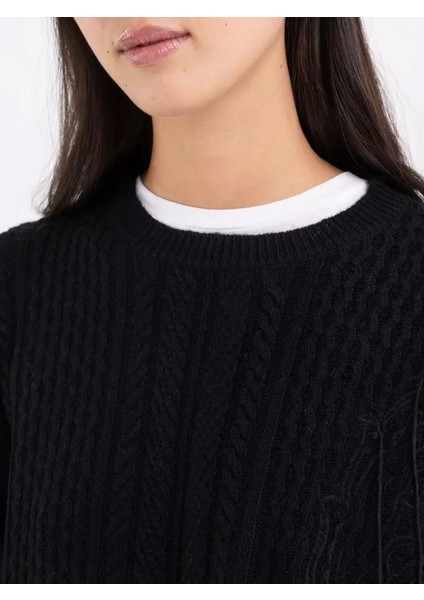 Kadın Siyah Örgü Detaylı Bisiklet Yaka Yün Kazak indirimleri