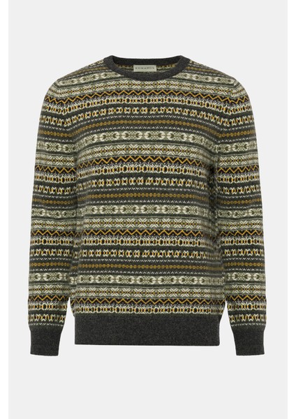 Erkek Antrasit Bisiklet Yaka Desenli Lambswool Kazak