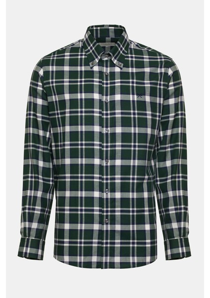 Erkek Yeşil Cooper Fit Düğmeli Yaka Organik Pamuklu Ekoseli Flannel Gömlek