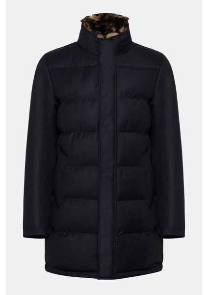 Erkek Lacivert Yün Yakası Çıkartılabilir Kürklü Su Geçirmez Kaban