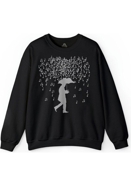 Playing Music In The Rain Nota Yağmuru Şemsiye Baskılı Sweatshirt