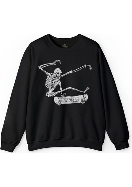 Skateboarding Skeleton Skull Kuru Kafa Baskılı Sweatshirt