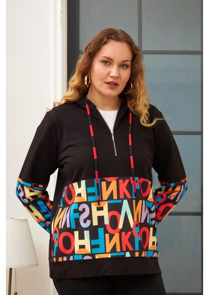 Harf Baskılı Büyük Beden Siyah Sweatshirt