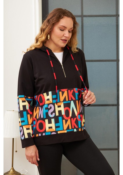 Harf Baskılı Büyük Beden Siyah Sweatshirt