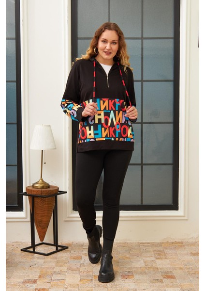 Harf Baskılı Büyük Beden Siyah Sweatshirt