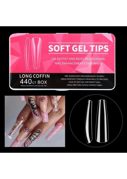 Soft Jel Tips | Coffin | Long | Protez Tırnak Tips Uzatma | 440'LI