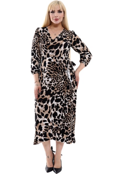 Butik Siyah Kruvaze Yaka Kaplan Desen Anvelop Etek Midi Elbise