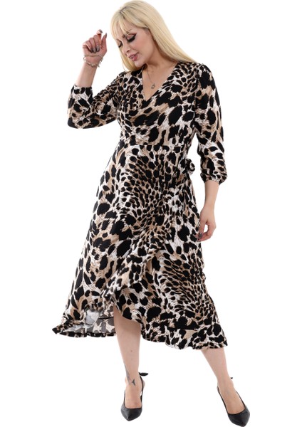 Butik Siyah Kruvaze Yaka Kaplan Desen Anvelop Etek Midi Elbise modelleri