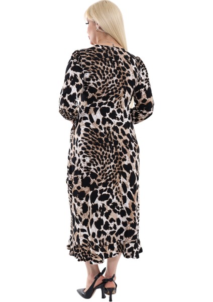 Butik Siyah Kruvaze Yaka Kaplan Desen Anvelop Etek Midi Elbise indirimleri