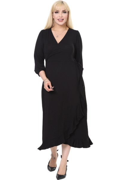 Butik Siyah Kruvaze Yaka Anvelop Etek Midi Elbise