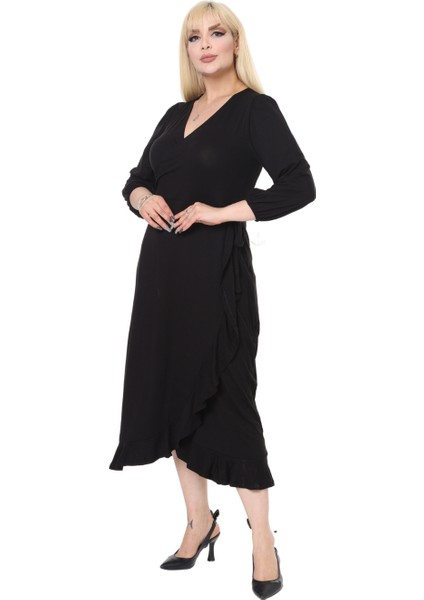 Butik Siyah Kruvaze Yaka Anvelop Etek Midi Elbise fırsatları