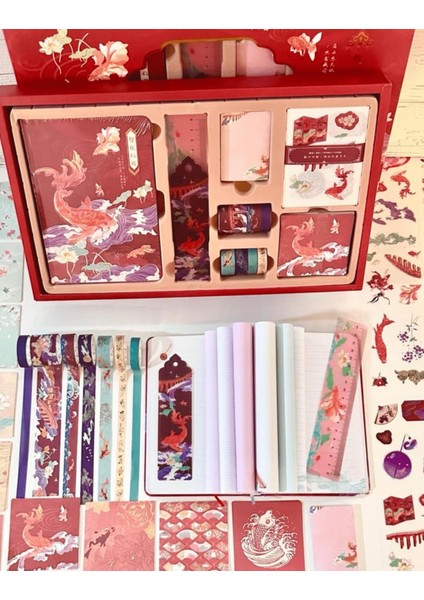 Uzak Doğu Temalı Dopdolu Defter Hediye Seti Bordo Kutu Notebook Bullet Journal