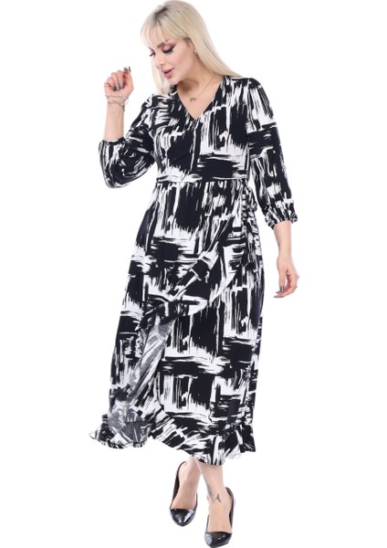 Butik Siyah Beyaz Kruvaze Yaka Fırça Desen Anvelop Midi Elbise fiyatları