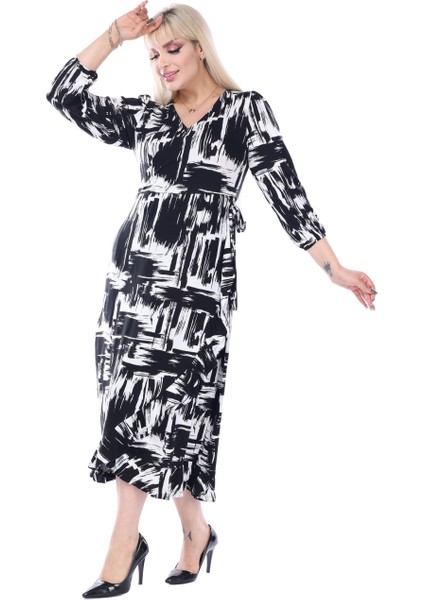 Butik Siyah Beyaz Kruvaze Yaka Fırça Desen Anvelop Midi Elbise indirimleri