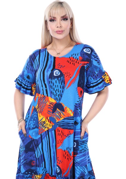 Butik Mavi Balık Desen Fırfırlı Kısa Kollu Kadın Midi Elbise