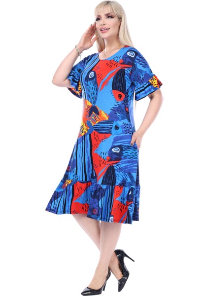 Butik Mavi Balık Desen Fırfırlı Kısa Kollu Kadın Midi Elbise