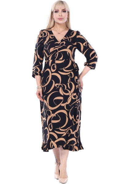 Butik Kruvaze Yaka Taba Dalga Desen Anvelop Midi Elbise