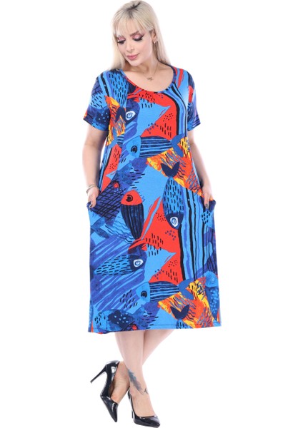 Butik Mavi Balık Desen Kuplu Cepli Kısa Kol Kadın Midi Elbise modelleri